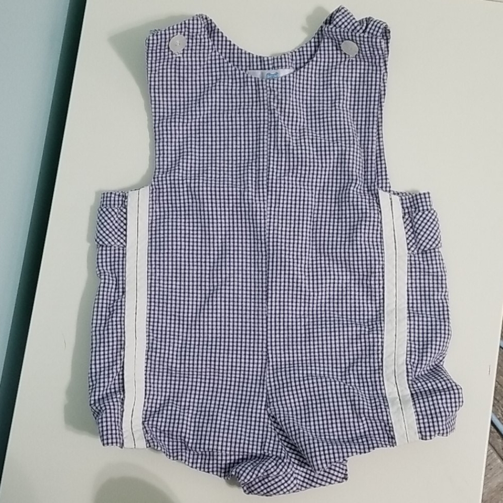 Blue and white seersucker overalls